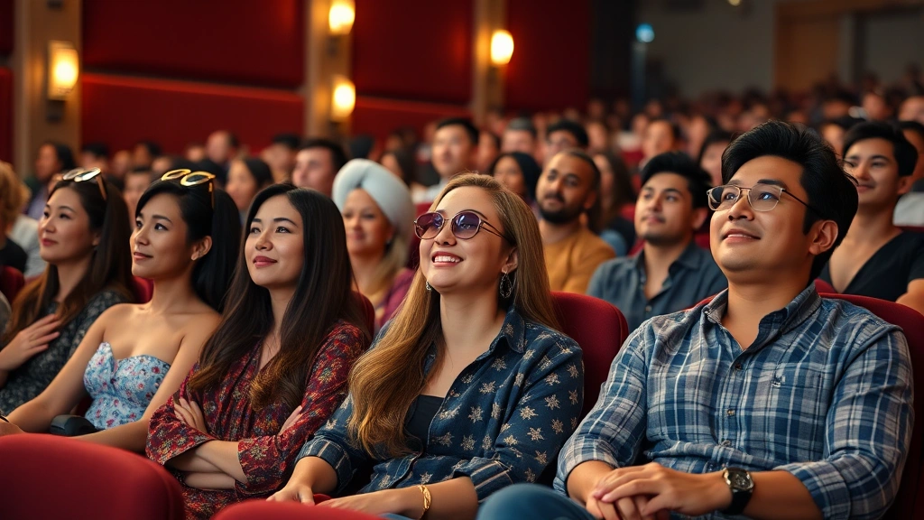 Diverse audience members in theater seats wearing premium casual attire, engaged expressions, warm ambient lighting, cultural celebration aesthetic