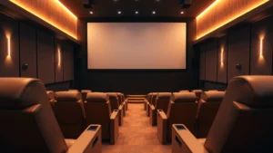 Modern movie theater interior with comfortable reclined seating, warm ambient lighting, and pristine screen setup ready for presentation