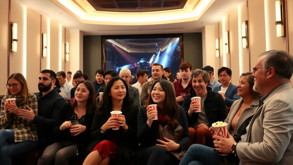 Diverse audience members enjoying popcorn and beverages in contemporary theater lobby with elegant design, conversing before film screening