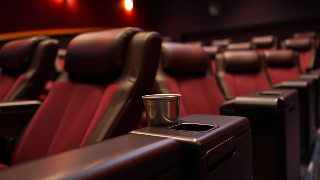 Close-up of premium cinema amenities including heated reclining seat with cup holder, soft lighting, and comfortable armrest in upscale theater