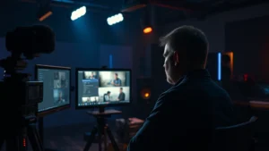 A film director reviewing footage on a professional monitor in a dimly lit editing suite, surrounded by cinema equipment and mood lighting, photorealistic cinematic atmosphere