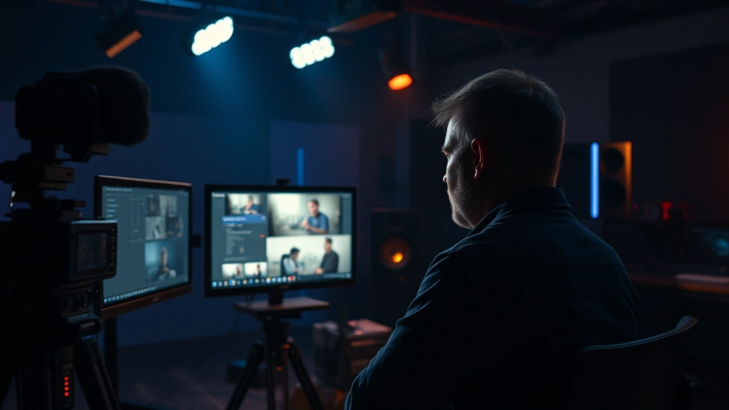A film director reviewing footage on a professional monitor in a dimly lit editing suite, surrounded by cinema equipment and mood lighting, photorealistic cinematic atmosphere