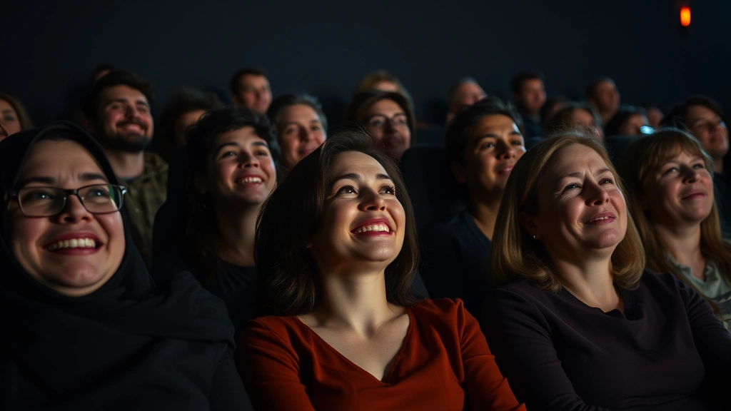 A diverse group of people in a dark movie theater watching a film, their faces illuminated by screen glow showing mixed expressions of laughter and concern, candid documentary style