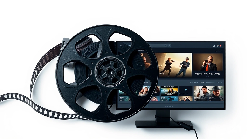 A vintage film reel and modern digital streaming interface overlapping symbolically, representing evolution of black comedy cinema from classic to contemporary, artistic composition