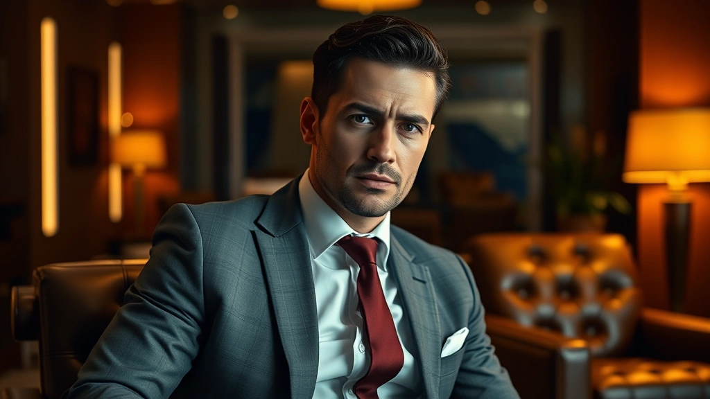 Professional male actor in tailored suit seated in upscale office setting with dramatic warm lighting, confident composed expression, sophisticated executive environment with leather furniture and modern decor
