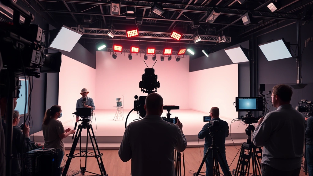 Television production studio with professional camera equipment, crew members operating lighting rigs, dramatic three-point lighting setup on empty stage set, cables and professional broadcast gear visible