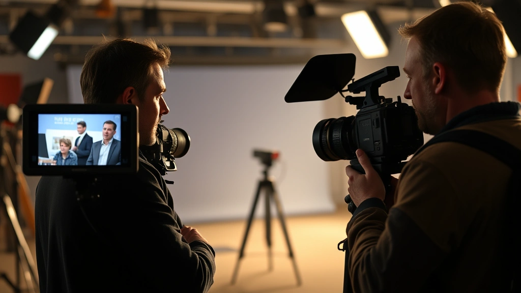 Behind-the-scenes film production showing director reviewing scene with cinematographer at video monitor, professional camera equipment on set, collaborative creative moment between filmmakers during shooting