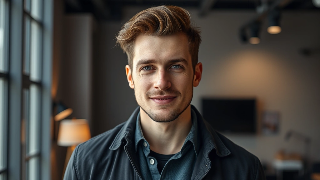Professional headshot of a versatile male actor in a modern studio setting with soft lighting, wearing smart casual attire, exuding approachable confidence and artistic sensibility, photorealistic professional photography style
