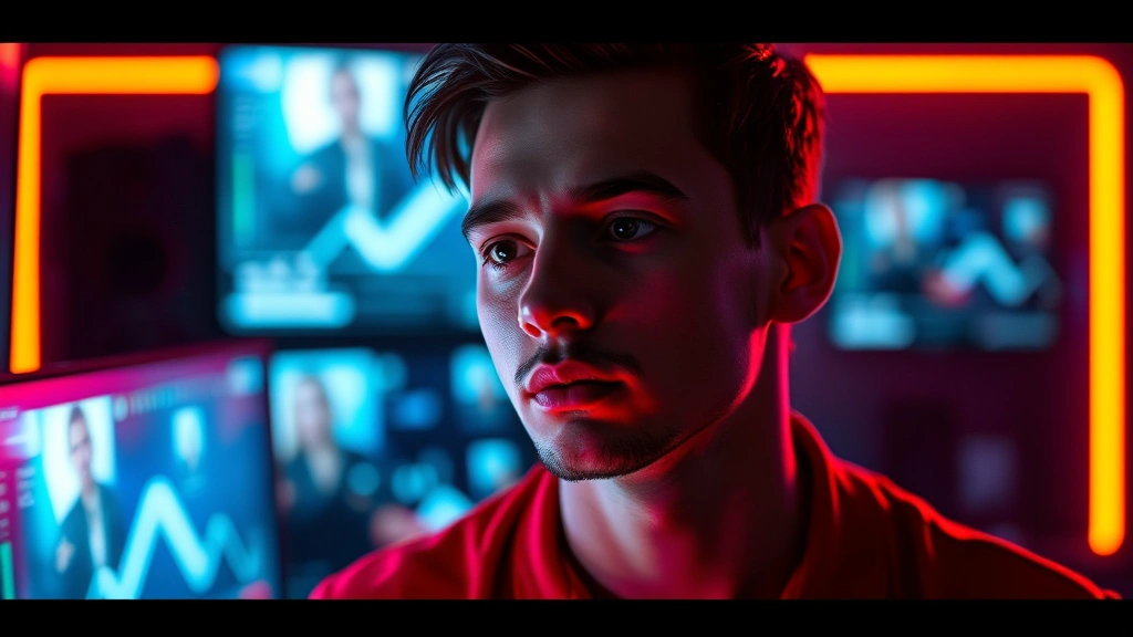 Streaming service interface aesthetic represented through abstract digital elements, glowing screens reflecting on a performer's face in partial shadow, modern contemporary digital media environment, photorealistic cinematic quality