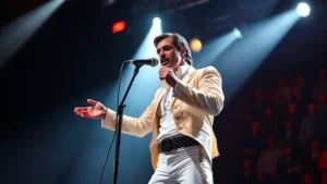 Rami Malek in full Freddie Mercury stage costume performing under dramatic concert lighting with microphone stand, capturing the theatrical energy of Queen's iconic performances without visible text or interface elements