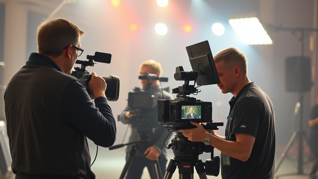 Film crew members operating professional cinema cameras and lighting equipment during a dramatic biographical film scene production, showcasing technical filmmaking that justifies theatrical exhibition and cinematic quality