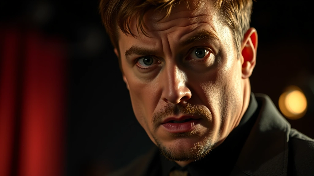 Professional actor in dramatic scene, intense facial expression conveying complex emotion, moody stage lighting, theatrical setting, photorealistic close-up portrait