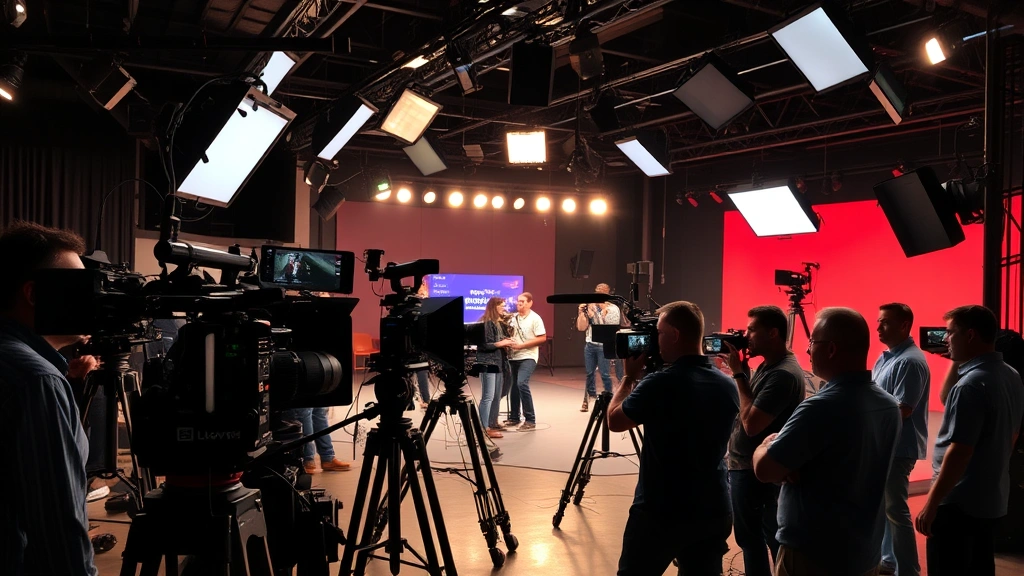 Film production set with multiple cameras and lighting equipment, crew members working on cinematography, professional movie studio environment, behind-the-scenes filmmaking