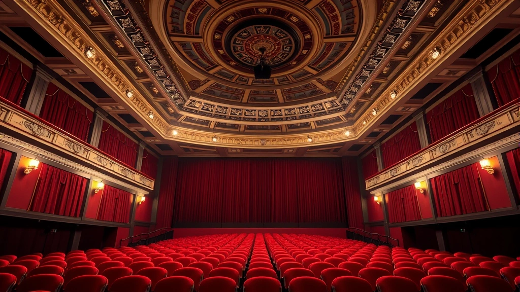 Empty movie theater interior with rows of red seats and ornate ceiling, dramatic cinema lighting creating atmosphere, architectural detail of classic theater design
