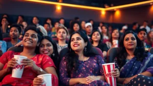Diverse group of cinema-goers sitting in modern theater seats, warm lighting reflecting on faces, popcorn and drinks visible, Indian and international audience members together, candid documentary-style photography