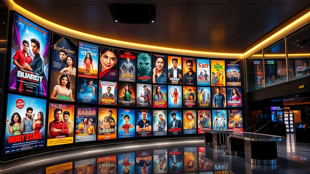 Vibrant Bollywood film poster display wall in contemporary cinema lobby, colorful artwork featuring diverse characters and genres, sleek modern theater architecture with dramatic lighting, no readable text on posters