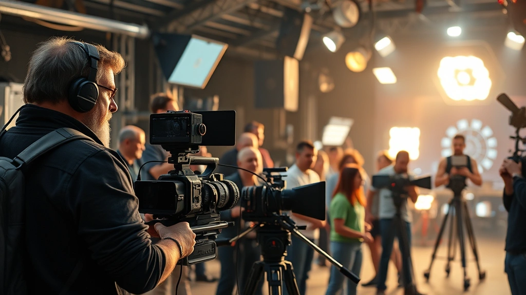 Film director on set with camera crew, professional cinematography equipment, diverse production team collaborating, dramatic lighting setup visible, bustling creative environment capturing filmmaking process