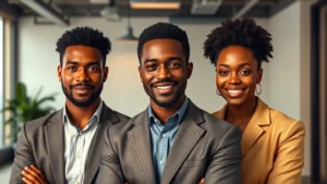 Professional headshots of 1990s era African American actors in business casual attire at an advertising agency office setting, warm lighting, confident poses, modern minimalist background, photorealistic style