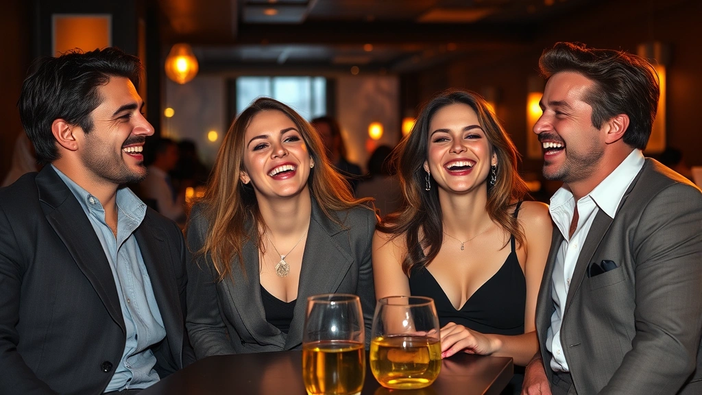 Group of four male and female actors laughing together at an upscale restaurant or lounge, 1990s fashion, genuine candid moment, warm ambient lighting, sophisticated urban setting, photorealistic