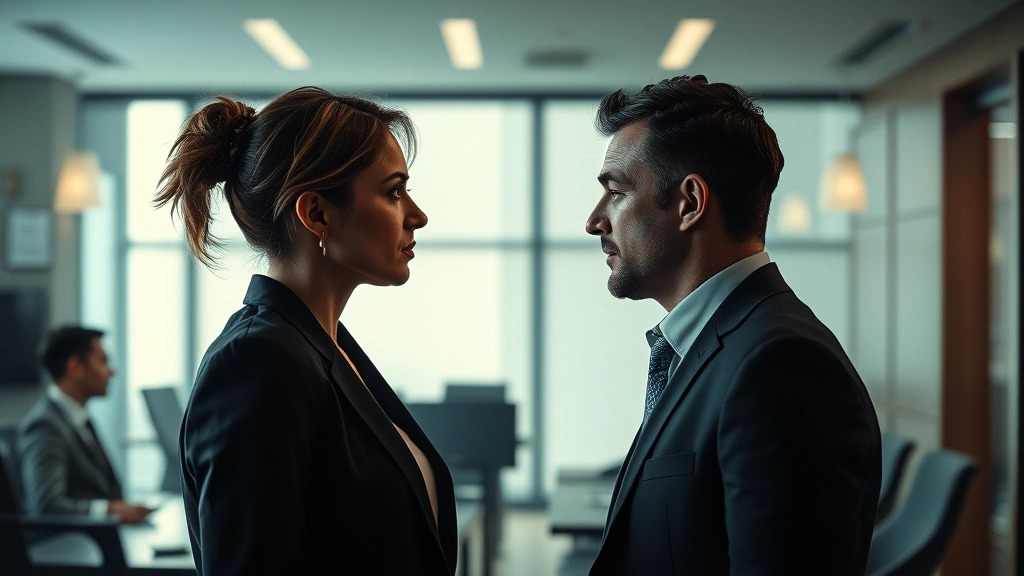 Split screen composition showing romantic tension between two actors in professional business setting, modern office background, dramatic lighting, emotional expressions, photorealistic digital media aesthetic