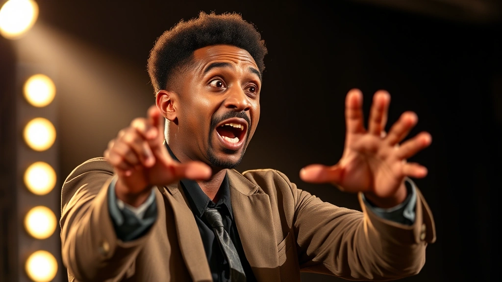 Brandon T. Jackson performing dynamic comedy scene with expressive facial features, energetic body language, stage lighting, professional production quality, photorealistic digital media setting