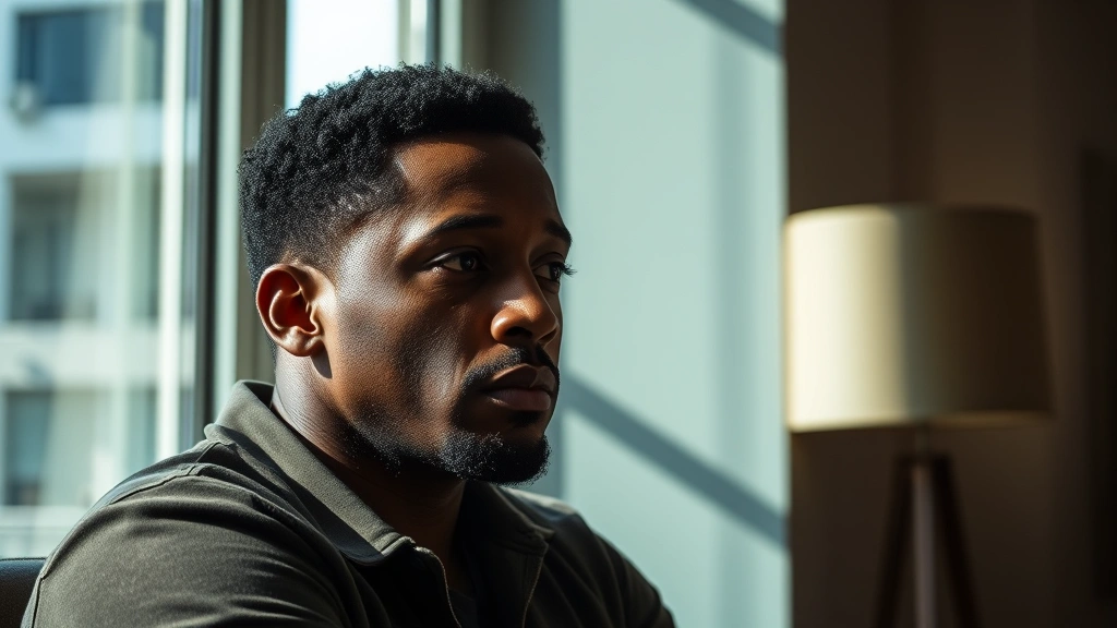 Brandon T. Jackson in contemplative character moment, natural window lighting, modern interior setting, subtle emotional expression, professional cinematography style, dramatic depth