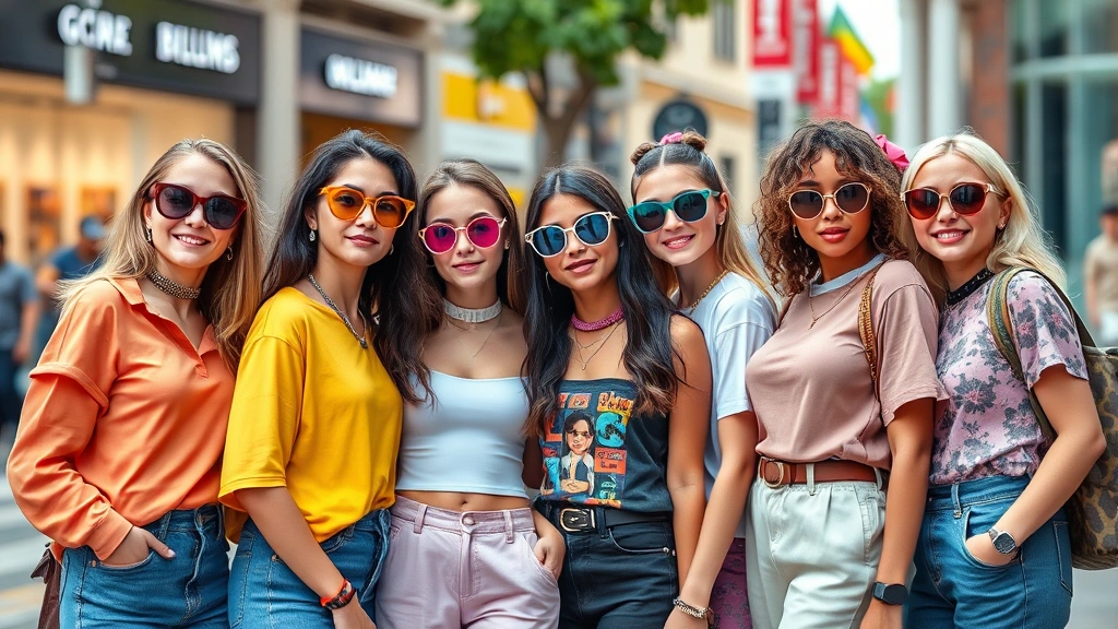 Diverse group of young girls wearing trendy, colorful fashion clothing with oversized sunglasses and contemporary streetwear styles, posing together on a vibrant urban street with bright storefronts in background, natural daylight, authentic diverse representation, digital media aesthetic, no text or logos