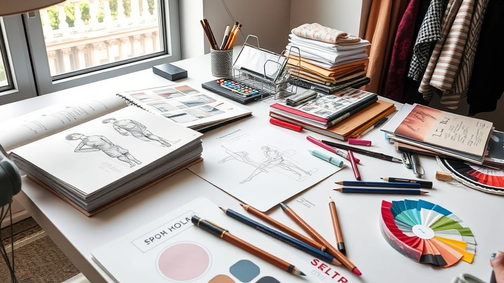 Fashion design workspace with sketchbooks, fabric swatches in various colors and patterns, pencils, and creative materials scattered on a modern desk, natural window lighting, close-up detail of creative process, no screens or text visible, artistic expression focus
