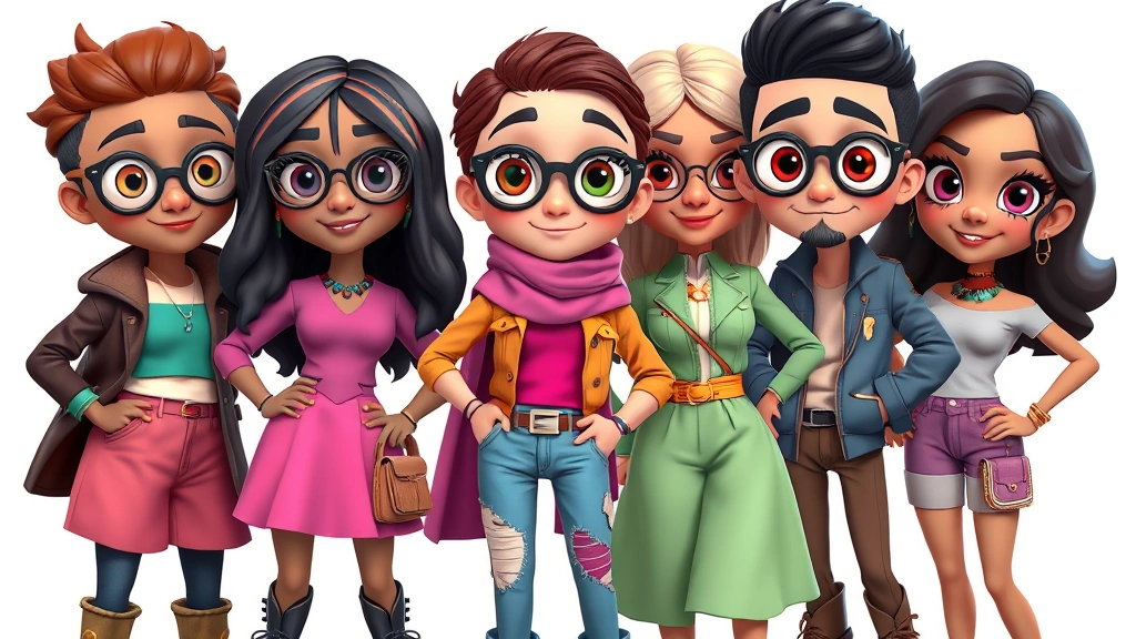 Group of animated stylized characters with distinctive large eyes in fashionable outfits posing confidently, representing diverse cultural backgrounds through clothing and accessories, vibrant color palette, friendship dynamic visual composition, animated but photorealistic quality, no interface elements or text