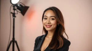 Professional portrait of Asian American female entertainer in modern studio setting with contemporary lighting and professional makeup, confident pose against neutral background, digital media production aesthetic