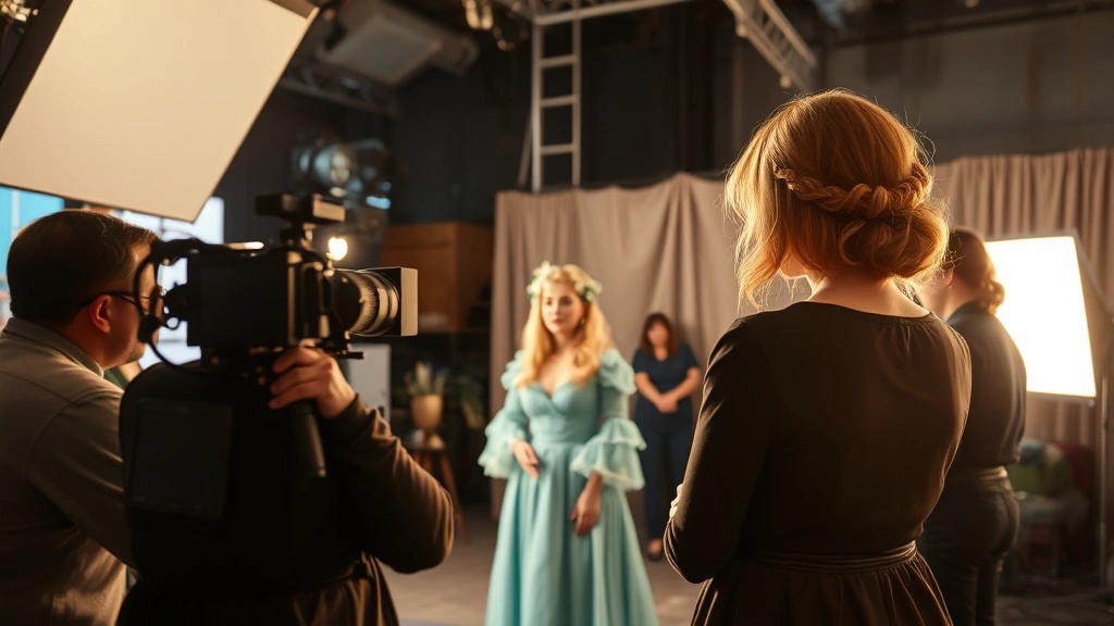 Behind-the-scenes television production environment showing actress in costume during scene rehearsal, professional film crew and equipment visible in soft focus, warm studio lighting creating dynamic atmosphere