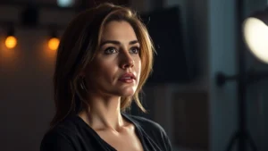 Professional television actress in dramatic lighting, contemplative expression, modern studio setting with soft shadows, contemporary cinematography style, no visible text or interfaces