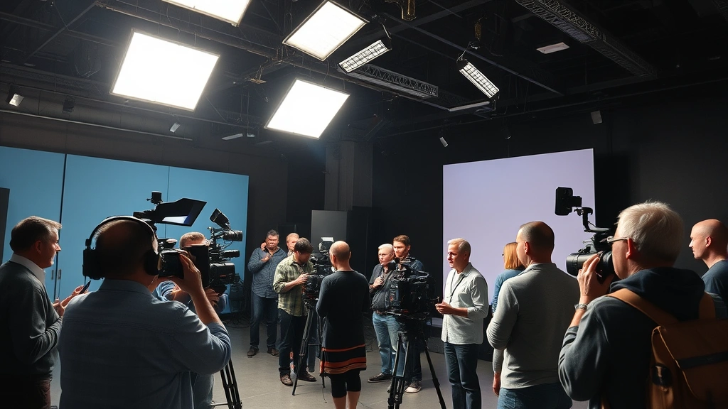 Behind-the-scenes television production environment, multiple crew members with professional equipment, studio lighting rigs overhead, collaborative creative atmosphere, documentary-style photography