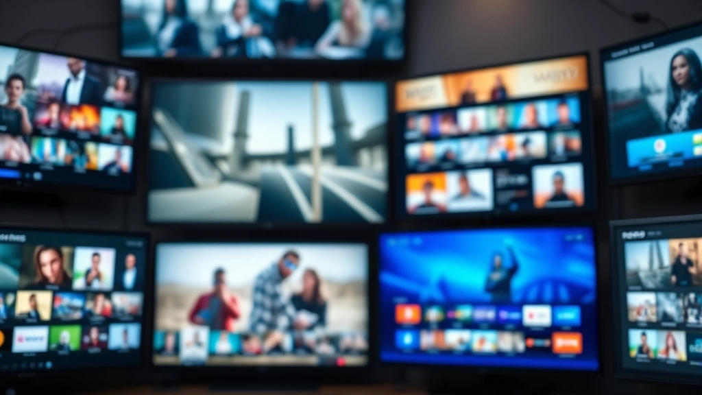Diverse television monitor displays showing various streaming content thumbnails in soft focus, representing digital media landscape, modern home entertainment setup aesthetic, no readable text on screens