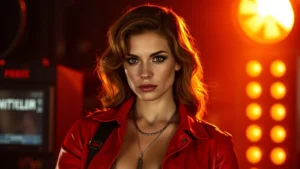 Professional actress in 1990s era action film costume, dramatic lighting on film set, intense expression, cinematic quality photography, digital media style