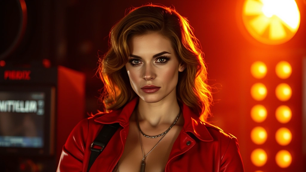 Professional actress in 1990s era action film costume, dramatic lighting on film set, intense expression, cinematic quality photography, digital media style