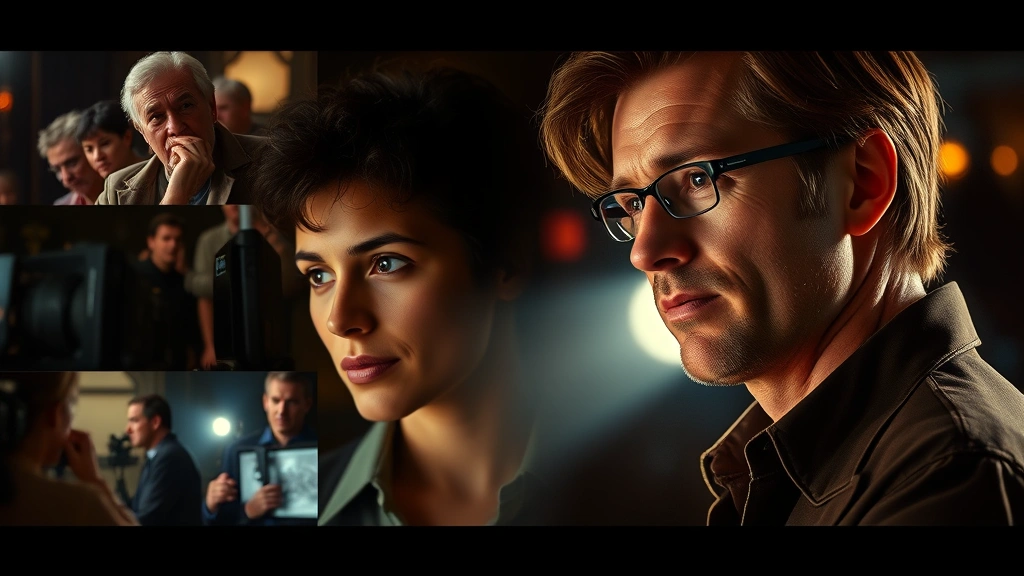 Retrospective film career montage aesthetic, vintage 1990s cinema atmosphere, entertainment industry professional portrait, sophisticated lighting design, media production quality