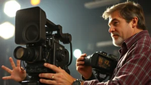 Professional film director reviewing footage on set with cinema camera equipment, dramatic studio lighting, focused concentrated expression, 1960s-70s filmmaking atmosphere, photorealistic high resolution