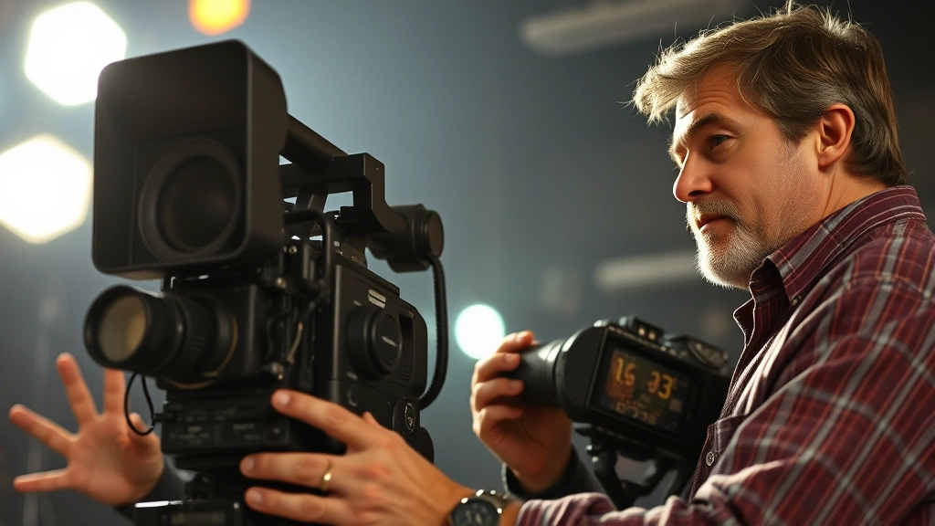 Professional film director reviewing footage on set with cinema camera equipment, dramatic studio lighting, focused concentrated expression, 1960s-70s filmmaking atmosphere, photorealistic high resolution