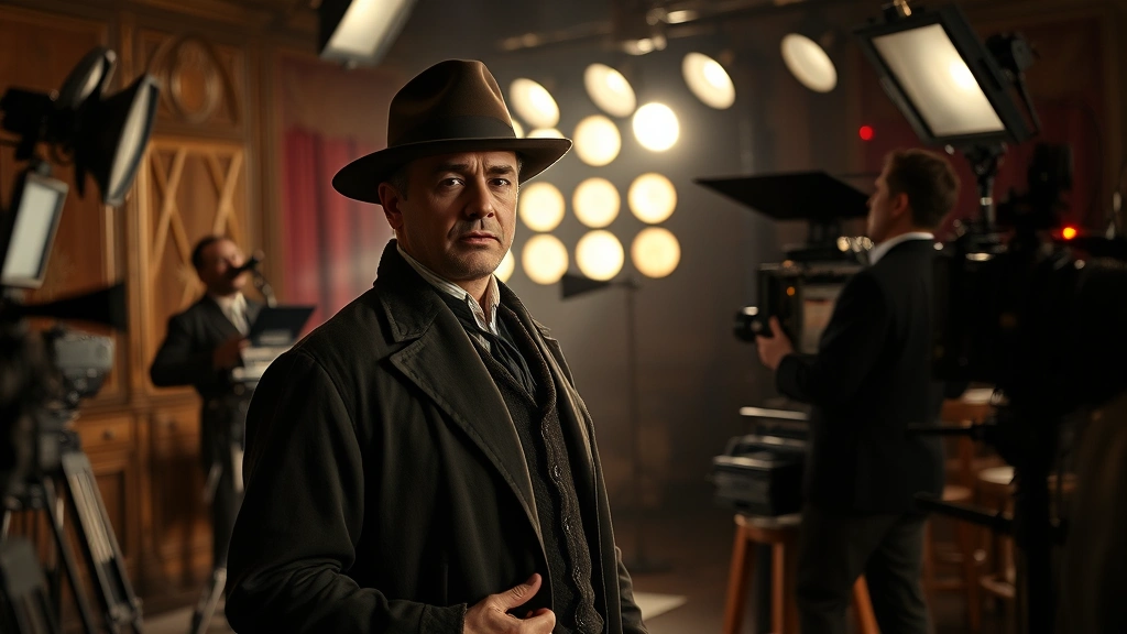 Actor in period costume on elaborate film set, classic Hollywood cinematography style, dramatic shadows and professional lighting, vintage cinema production environment, photorealistic cinematic quality
