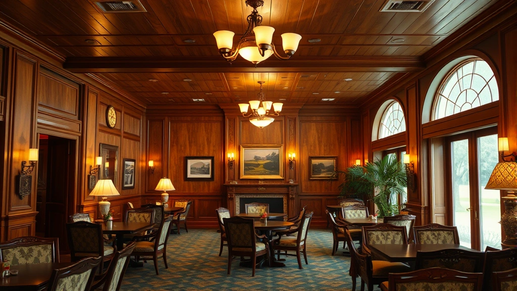 Close-up of 1980s golf club interior with wood paneling and vintage club aesthetic, showing luxury country club atmosphere with period-accurate details