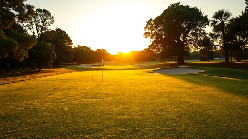 Wide shot of manicured golf course fairway at golden hour with lush green grass, sand bunkers, and trees in background under warm sunset lighting
