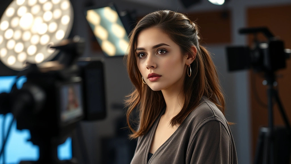 Young female actress on television set during dramatic scene, professional lighting, serious expression, modern studio environment, cinematic quality
