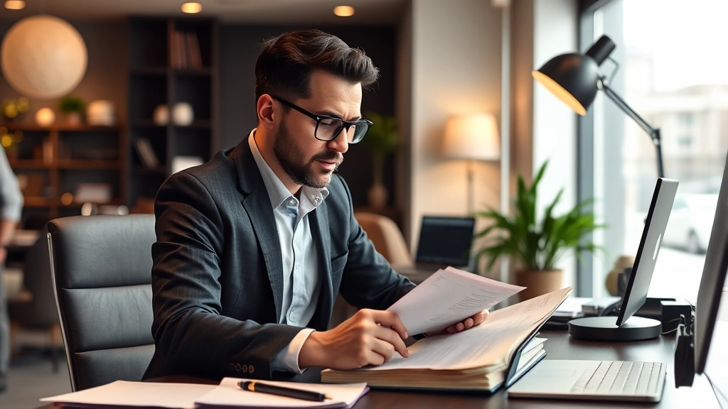 Entertainment industry professional reviewing scripts and character notes at desk, modern office setting, focused concentration, contemporary workspace design