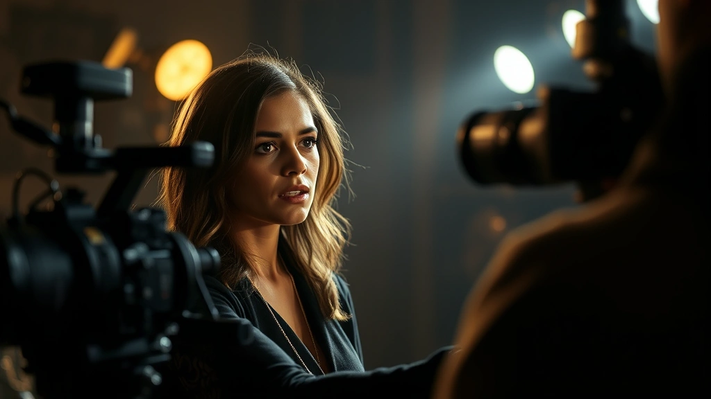 Female performer in character during emotional scene, dramatic lighting, authentic expression, professional film production environment, cinematic composition