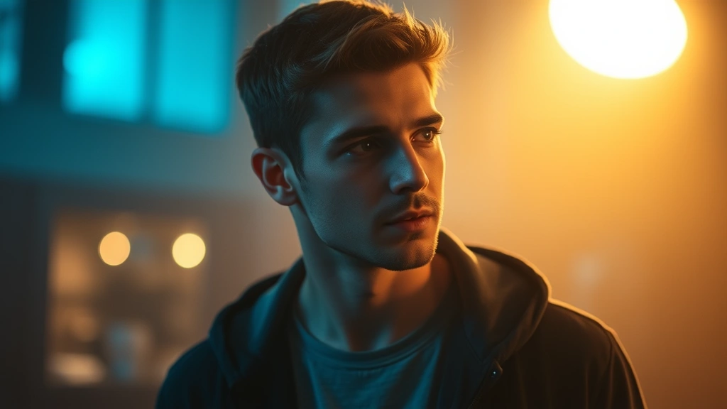 Young male actor in dramatic lighting during an emotional scene, professional performance photography, film set atmosphere, cinematic depth of field, contemporary indoor setting with moody blue and amber lighting