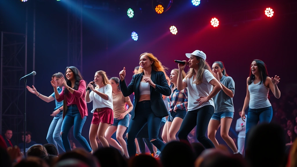 Diverse group of young performers on stage during a musical performance, theatrical lighting design, energetic choreography moment, audience visible in soft focus background, professional concert photography style