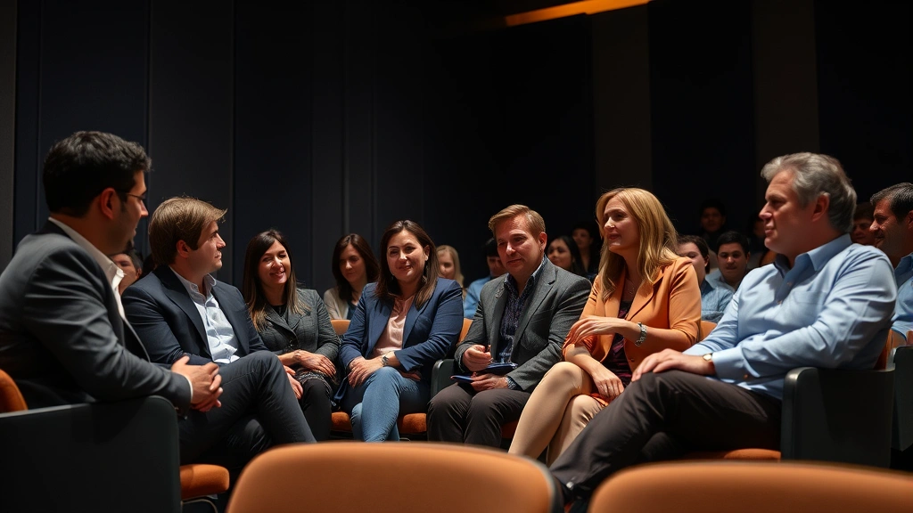 Entertainment industry professionals in discussion at a film festival or conference panel, modern auditorium setting, professional business casual attire, engaged conversation body language, documentary-style photography