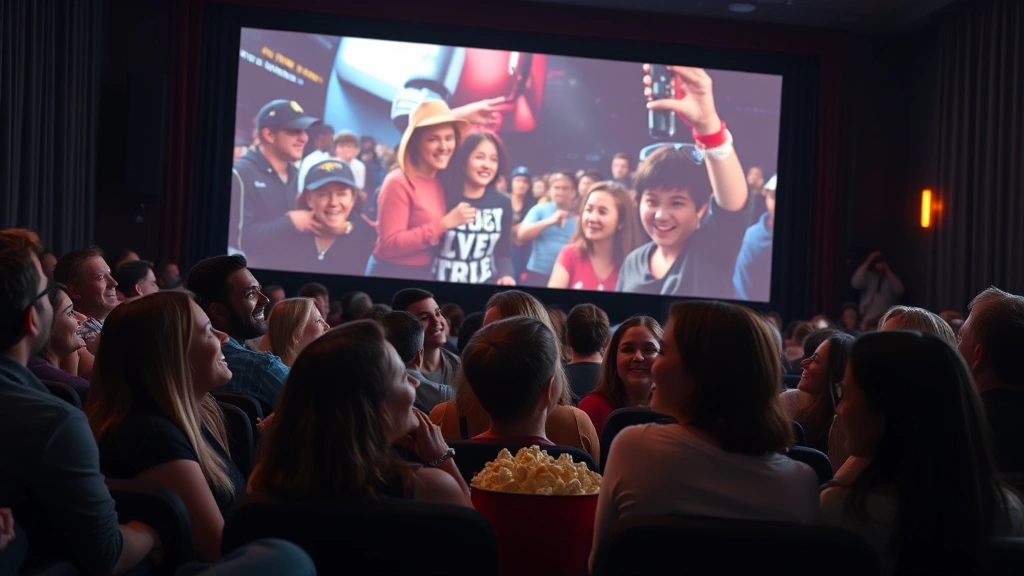 Movie theater audience watching film on large screen, diverse group of viewers laughing and engaged, popcorn visible, warm theater lighting, cinematic atmosphere