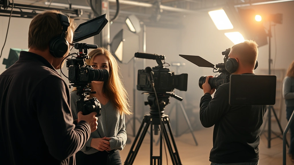 Film production behind-the-scenes with female lead actor working with director and cinematographer, professional movie set with lighting rigs and equipment, collaborative creative environment